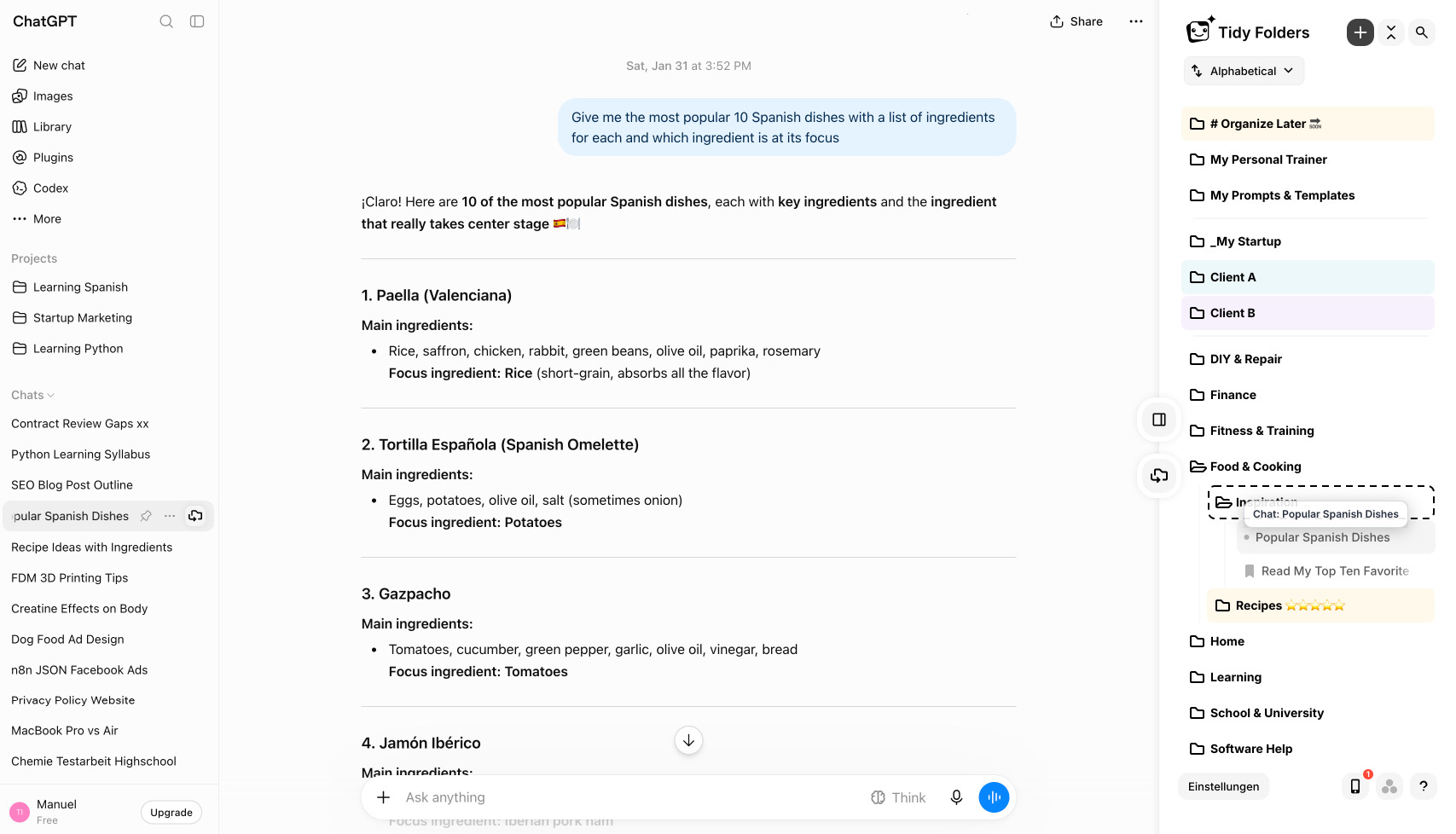 ChatGPT Ordner in Aktion: das Tidy-Folders-Panel neben einem offenen ChatGPT-Chat, mit alphabetisch sortierten Ordnern wie Client A, Finance und Food & Cooking, während eine Unterhaltung per Drag-and-drop in einen Unterordner wandert