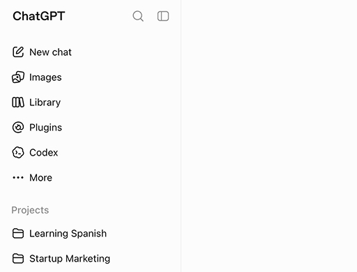 Keine ChatGPT Ordner in der nativen Sidebar: nur die flache Projekte-Liste mit Einträgen wie Learning Spanish und Startup Marketing, dazu die Suche