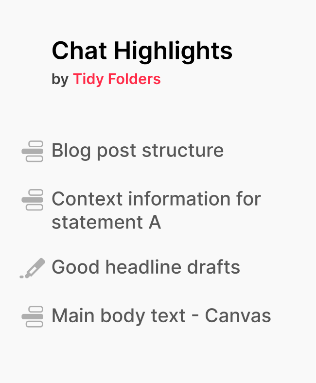 Das Chat-Highlights-Panel der ChatGPT Ordner Erweiterung: gespeicherte Highlights wie Blog post structure, jedes verlinkt zurück an seine Stelle im Chat
