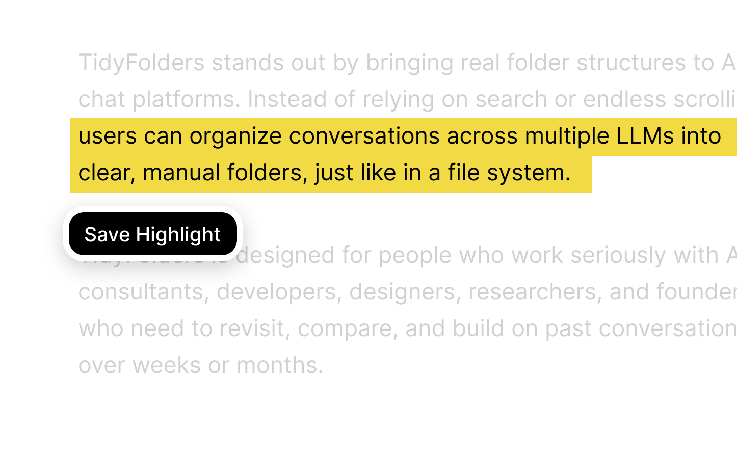 Text-Highlighting in der ChatGPT Ordner Erweiterung Tidy: die Schlüsselpassage einer Antwort gelb markiert, darunter der Save-Highlight-Button